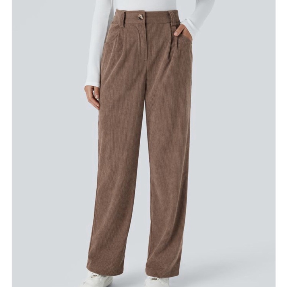 High Waisted Zipper Pocket Corduroy Casual Pants